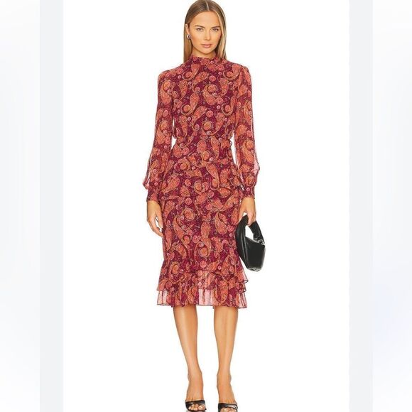 NWT Saloni Isa Ruffle Dress in Ruby Paisley Size 2 Revolve - Picture 1 of 14